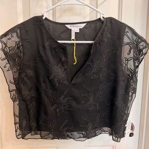 BCBGeneration Black Sheer Embroidered V-Neck Blouse